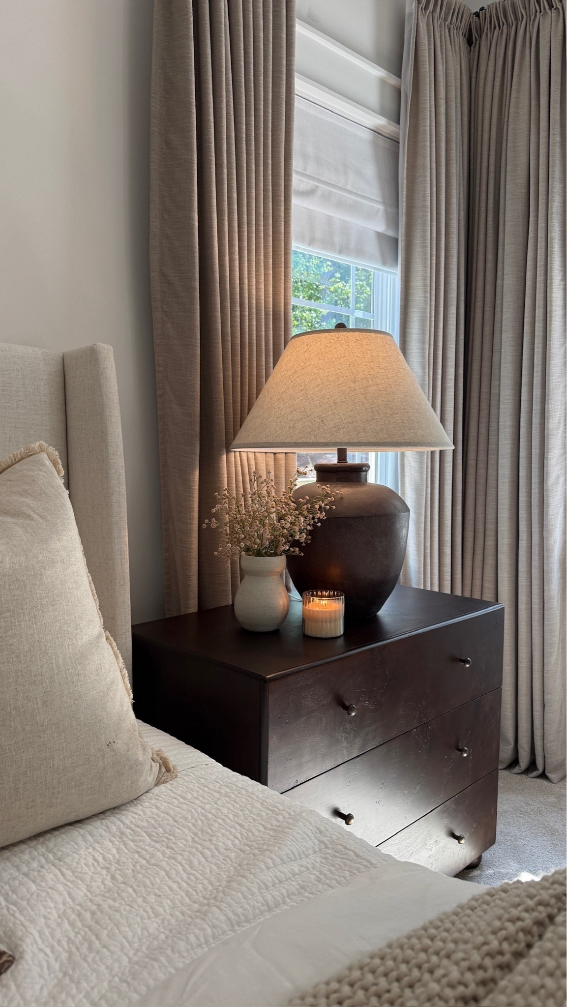 Love the contrast of the soft neutrals from our bedding, paint, and window treatments and our new burl wood nightstands! Elevated yet calm and cozy.

#LTKHome