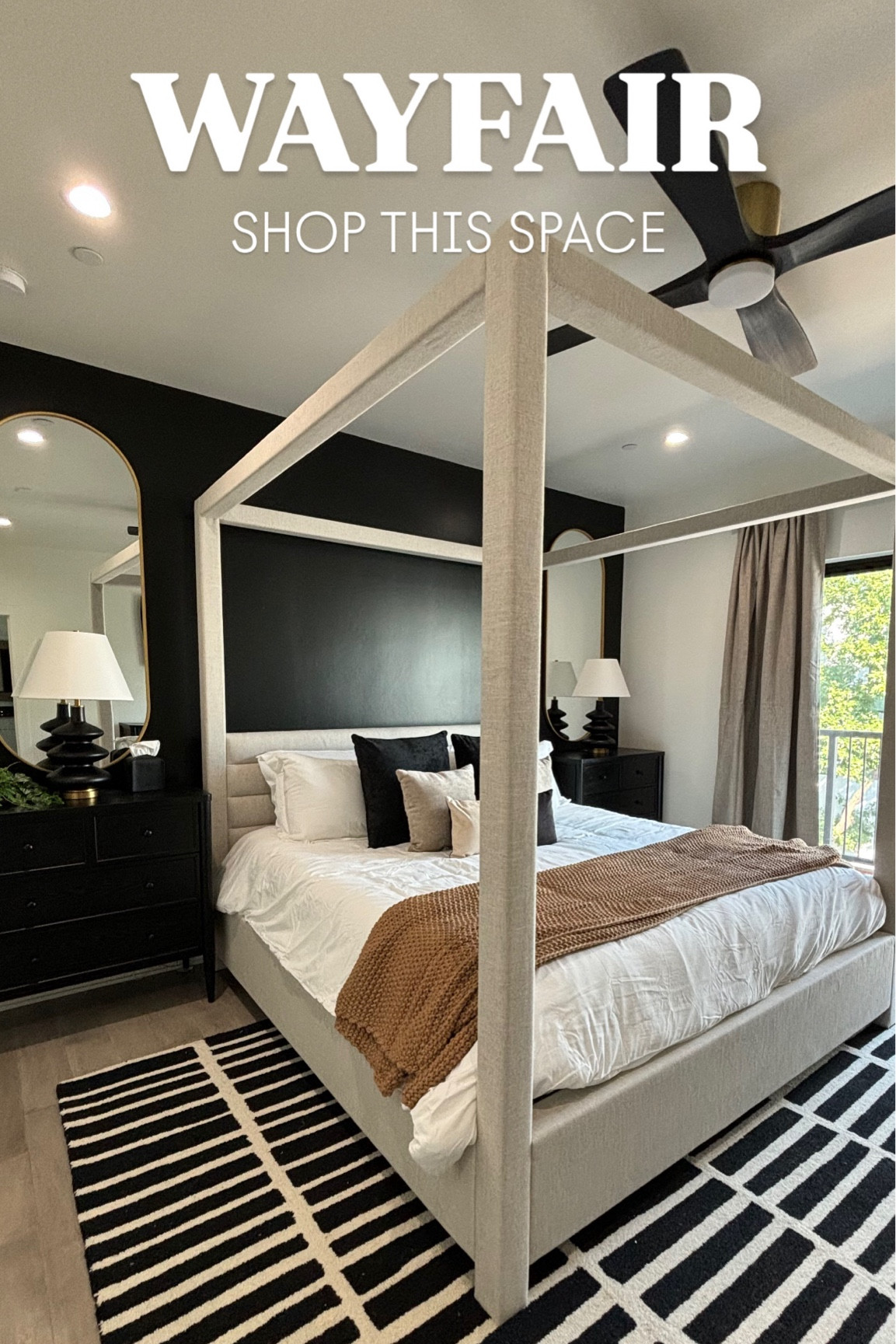 Check out this STUNNING master bedroom or should I say masterpiece! We recently designed this for an airbnb project and we would LOVE to sink in this bed. We found some beautiful pieces from Wayfair like the oval brass mirror, table lamps, and rug! @wayfair #onlyatwayfair #wayfairpartner  #wayfair 

#LTKHome