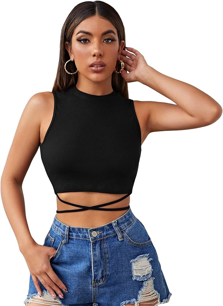 SheIn Women's Crisscross Tie Back Crop Top Sleeveless Round Neck Tank Tops | Amazon (US)