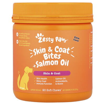 Zesty Paws, Skin & Coat Bites + Salmon Oil, For Dogs, All Ages, Bacon, 90 Soft Chews, 11.1 oz (315 g) | iHerb