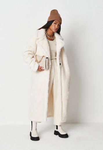 Missguided - White Borg Teddy Seam Detail Longline Coat | Missguided (UK & IE)