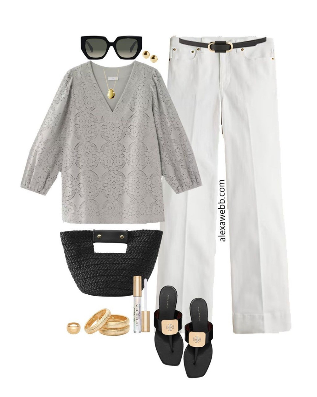 Plus Size Lace Top Outfits - A plus size casual outfit idea with a plus size grey lace top. Plus size white wide leg jeans, black sandals, and a black raffia clutch. Alexa Webb #plussize

#LTKPlusSize #LTKOver40 #LTKStyleTip