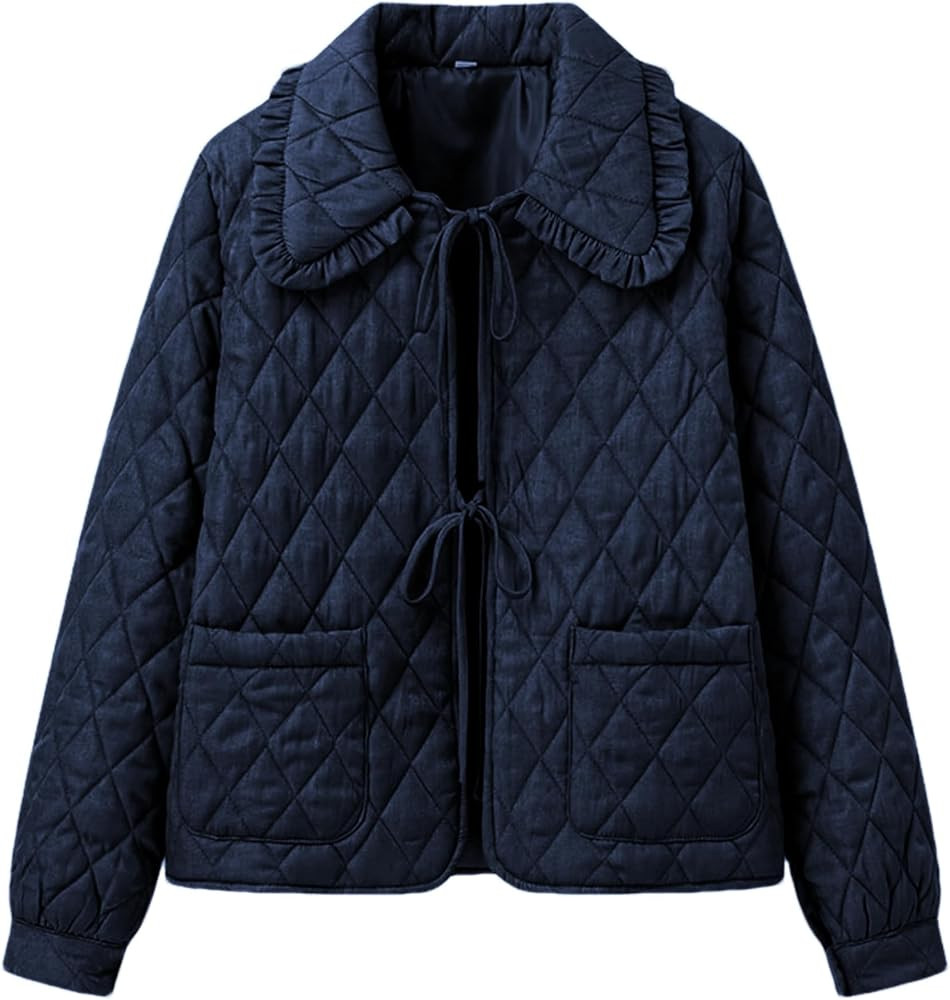 Women's Quilted Lightweight Jackets Long Sleeve Winter Cropped Cotton Padded Coat Jacket Bow Tie ... | Amazon (US)