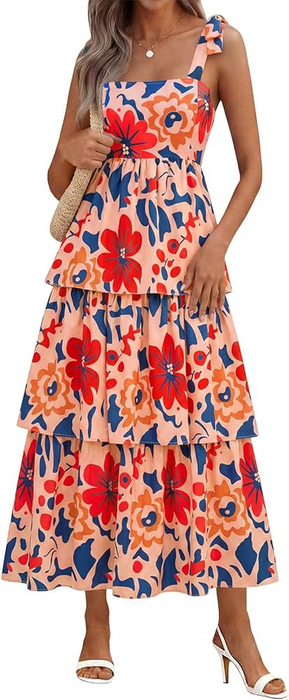 Wenrine Womens Summer Floral Maxi Dress Casual Tie Strap Sleeveless Ruffle Tiered Smocked Loose B... | Amazon (US)