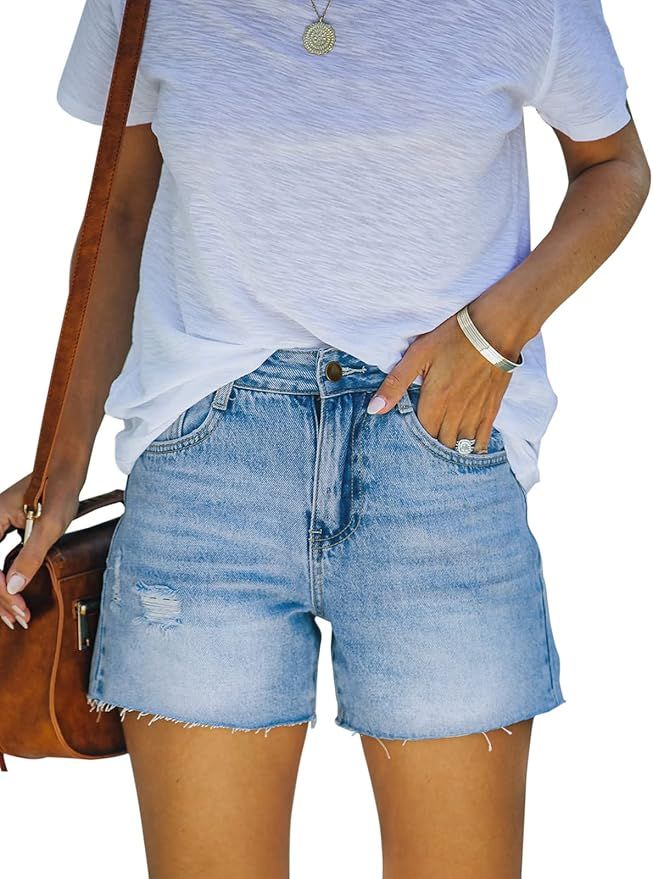 Amazon.com: PINKMARCO Jean Shorts for Women High Waist Teen Girls Casual Summer Frayed Destroy Ri... | Amazon (US)