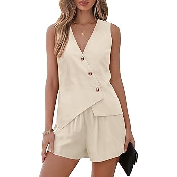 Lazysmile Summer 2 Piece Sets for Women Fashion Matching Set Button Down Suit Vest Tops and Short... | Amazon (US)