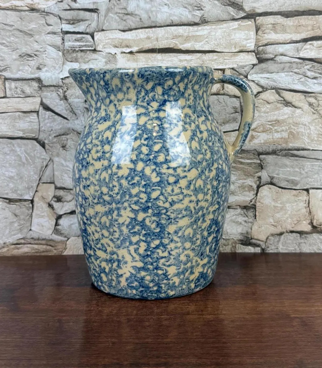 Robinson Ransbottom Pottery Vintage 2-Qt./8.25" Tall Lg. STONEWARE PITCHER/VASE with Blue Spongew... | Etsy (US)