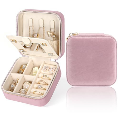 MFXIP Plush Velvet Travel Jewelry Case Small Jewelry Box Jewelry Organizer Storage Case Portable Jewelry Travel Case for Girls Womens Earring, Necklace, Rings,Bracelets with Mirror | Amazon (US)