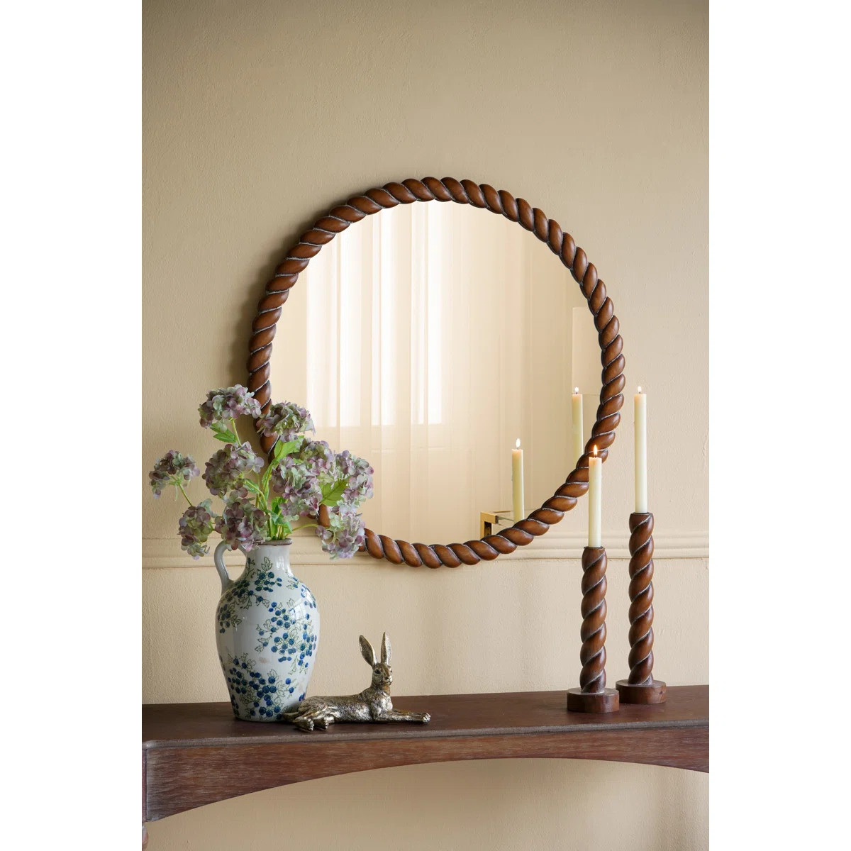 28.5X28.5" Round Pine Wood Accent Mirror With Textured Brown Frame | Wayfair North America