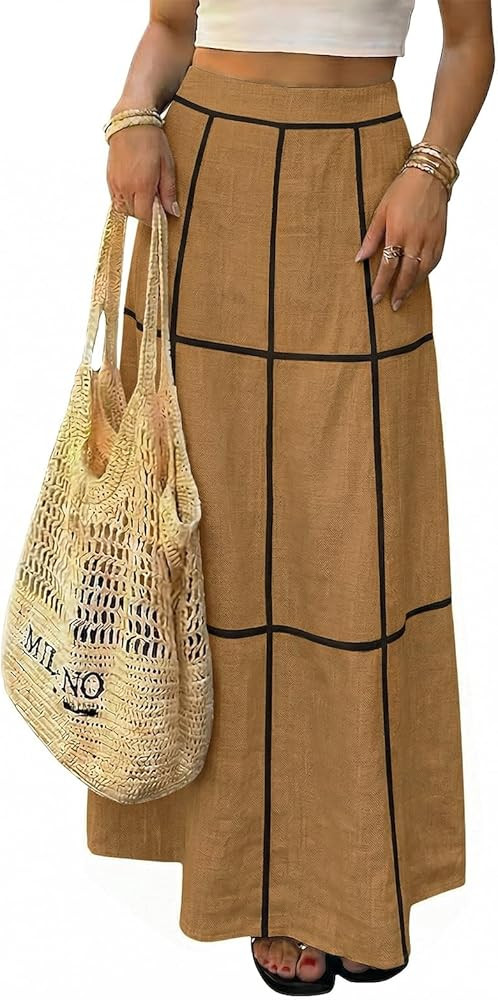 EXLURA Women's Faux Linen Boho Maxi Skirt Grid High Waist Long Flowy Skirts Summer Beach Vacation... | Amazon (US)