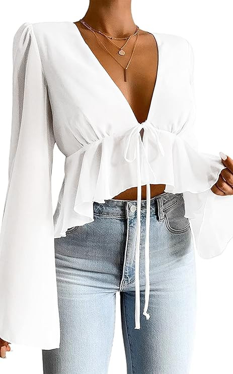Hilinker Women's Deep V Neck Long Sleeve Crop Top Chiffon Ruffle Hem Blouse Shirt | Amazon (US)