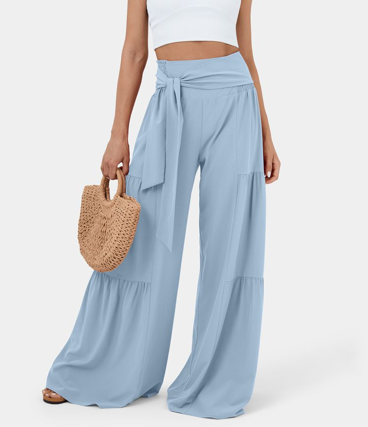 Breezeful™ High Waisted Shirred Tie Front & Back Plicated Wide Leg Flowy Quick Dry Casual Pants | HALARA