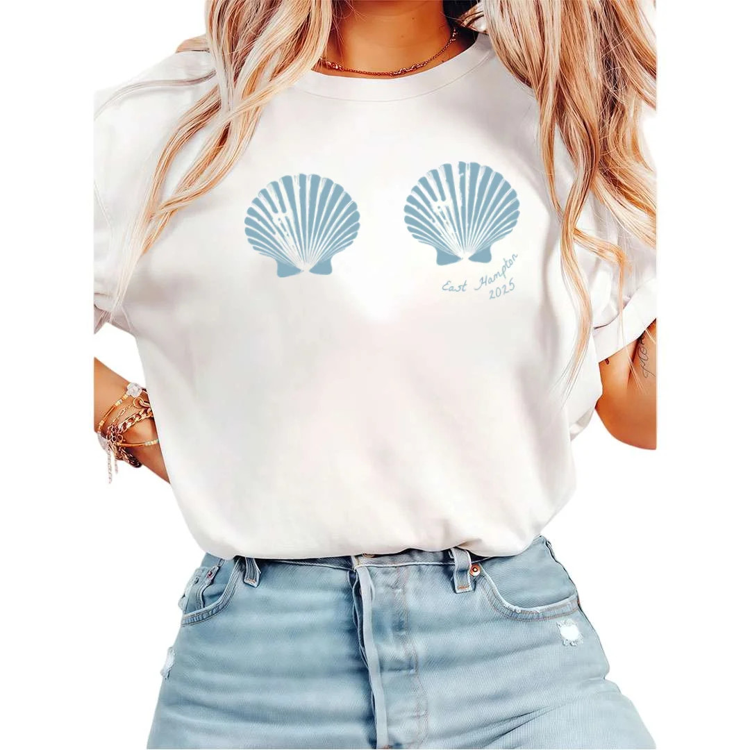 Women Light Blue Seashell East Hampton Graphic Tees T Shirt Tops Round Neck Cotton T Shirt White ... | Walmart (US)