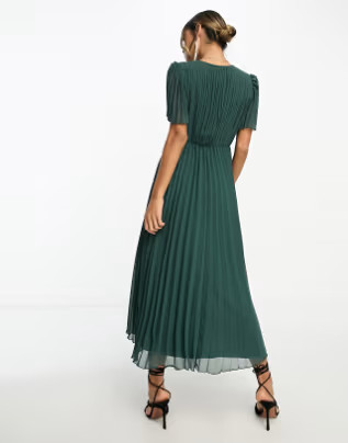ASOS DESIGN pleated bodice flutter sleeve pleat midi dress in pine green | ASOS (Global)
