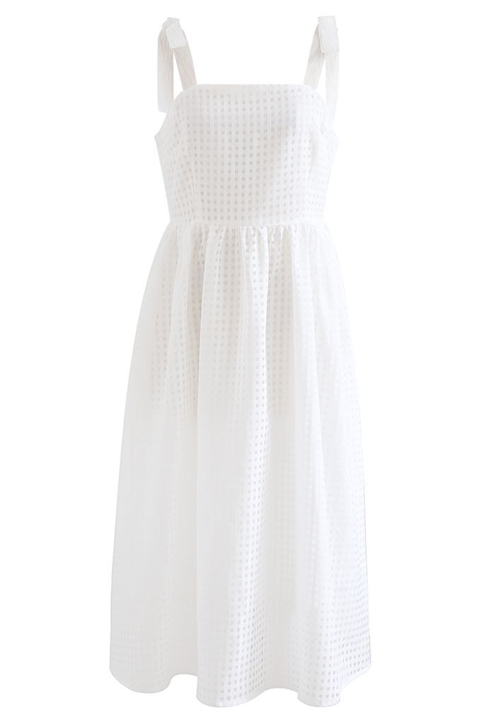 Gingham Tie-Strap Organza Dress in White | Chicwish