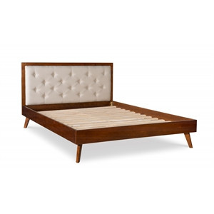 Linon Moore Mid Century Upholstered Platform Queen Bed Frame in Brown Wood | Homesquare