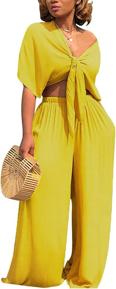 Hount Womens 2 Piece Outfits Deep V Neck Tied Front Crop Tops Wide Leg Pant Sets Jumpsuit Rompers wi | Amazon (US)