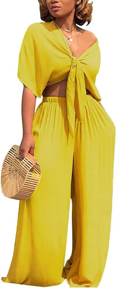 Hount Womens 2 Piece Outfits Deep V Neck Tied Front Crop Tops Wide Leg Pant Sets Jumpsuit Rompers wi | Amazon (US)