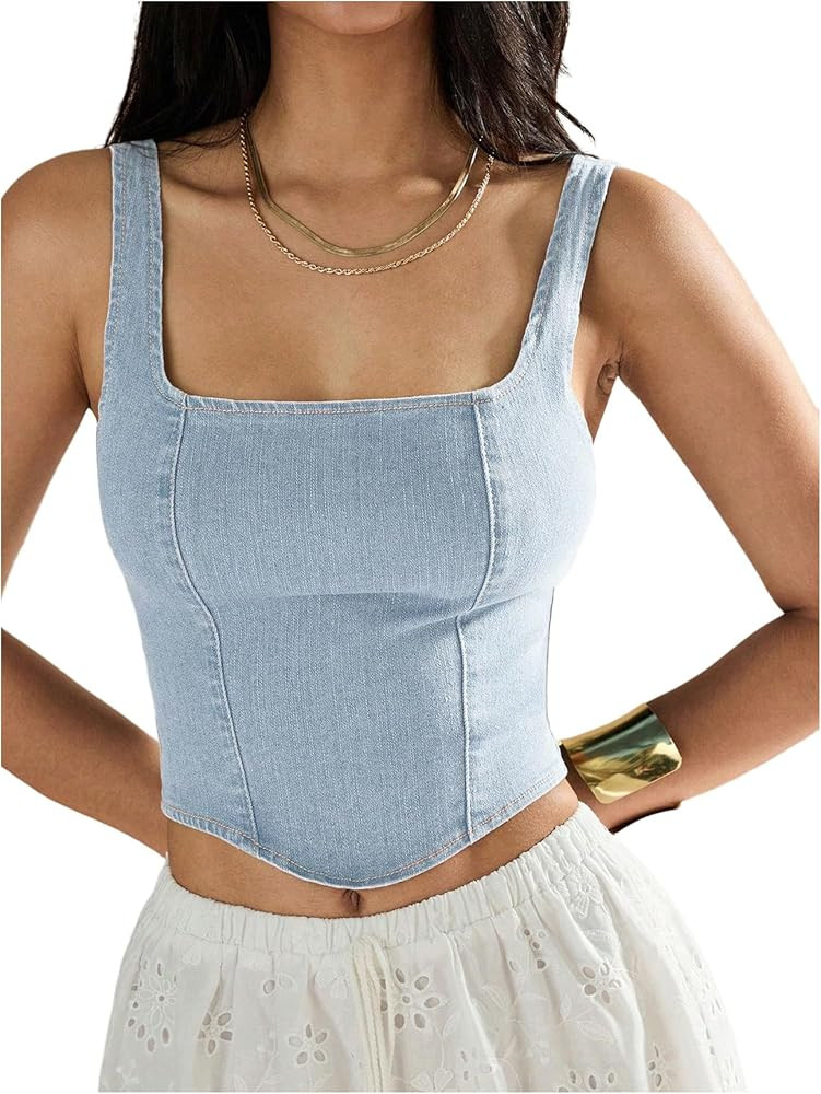 WDIRARA Women's Square Neck Sleeveless Corset Denim Top Zip Back Asymmetrical Hem Tank Top | Amazon (US)