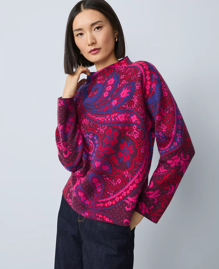 Petite Paisley Jacquard Mock Neck Sweater | Ann Taylor