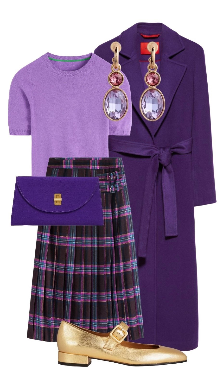 All because the lady loves…purple 💜💜💜 wear this tartan ensemble to work (I just ordered this skirt!) and transform into a date night look by adding gold accessories / jewellery

Cashmere Short Sleeve T shirt in Purple Topaz &  Josephine Wool Midi Kilt Skirt in Brown, Teal & Pink Check /  Tartan - Boden

Crystal Drop Earrings - LK Bennett (use my 15% discount code REBECCALIPKINAUTHOR15 on all full price styles here!)

Purple Belted Coat - Max & Co (more affordable purple belted coat by Hobbs London - see product list) 

Gold Leather Mary Jane Shoes - Penelope Chilvers 

Purple Clutch Bag - Jasper Conran 


#Coatseason #tartan #Purple 

#LTKdatenight #LTKfestive #LTKwinter