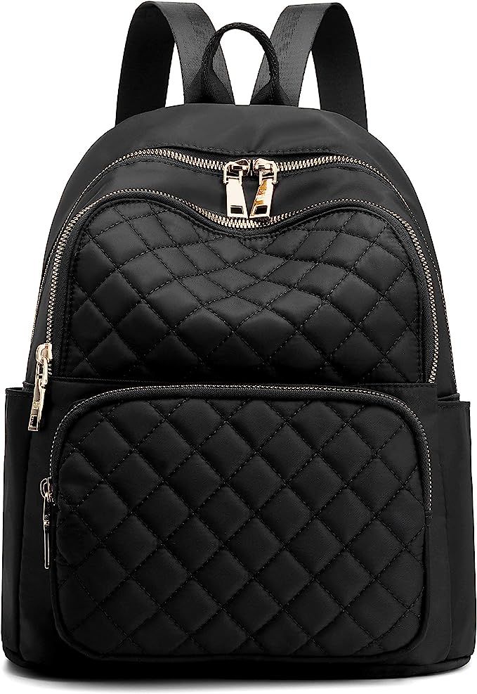 Backpack for Women, Nylon Travel Backpack Purse Black Small School Bag for Girls (Black Quilted) | Amazon (US)
