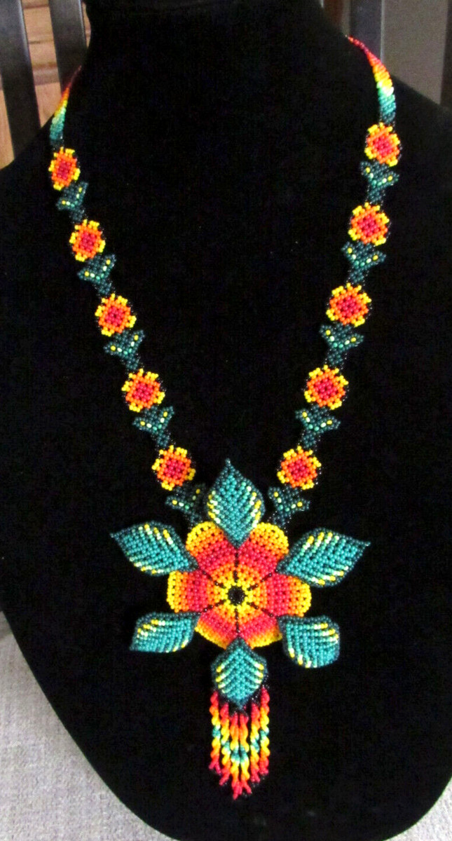 Vintage Huichol Indian Beaded Flower Folk Art Boho Necklace (JN-41) | eBay US