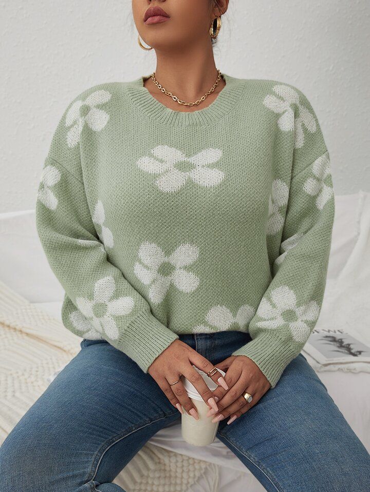 SHEIN Frenchy Plus Floral Pattern Drop Shoulder Sweater | SHEIN