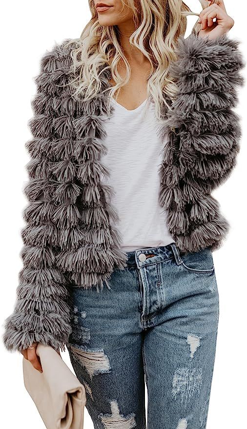 Womens Open Front Faux Fur Coat Vintage Parka Shaggy Jacket Cardigan | Amazon (US)