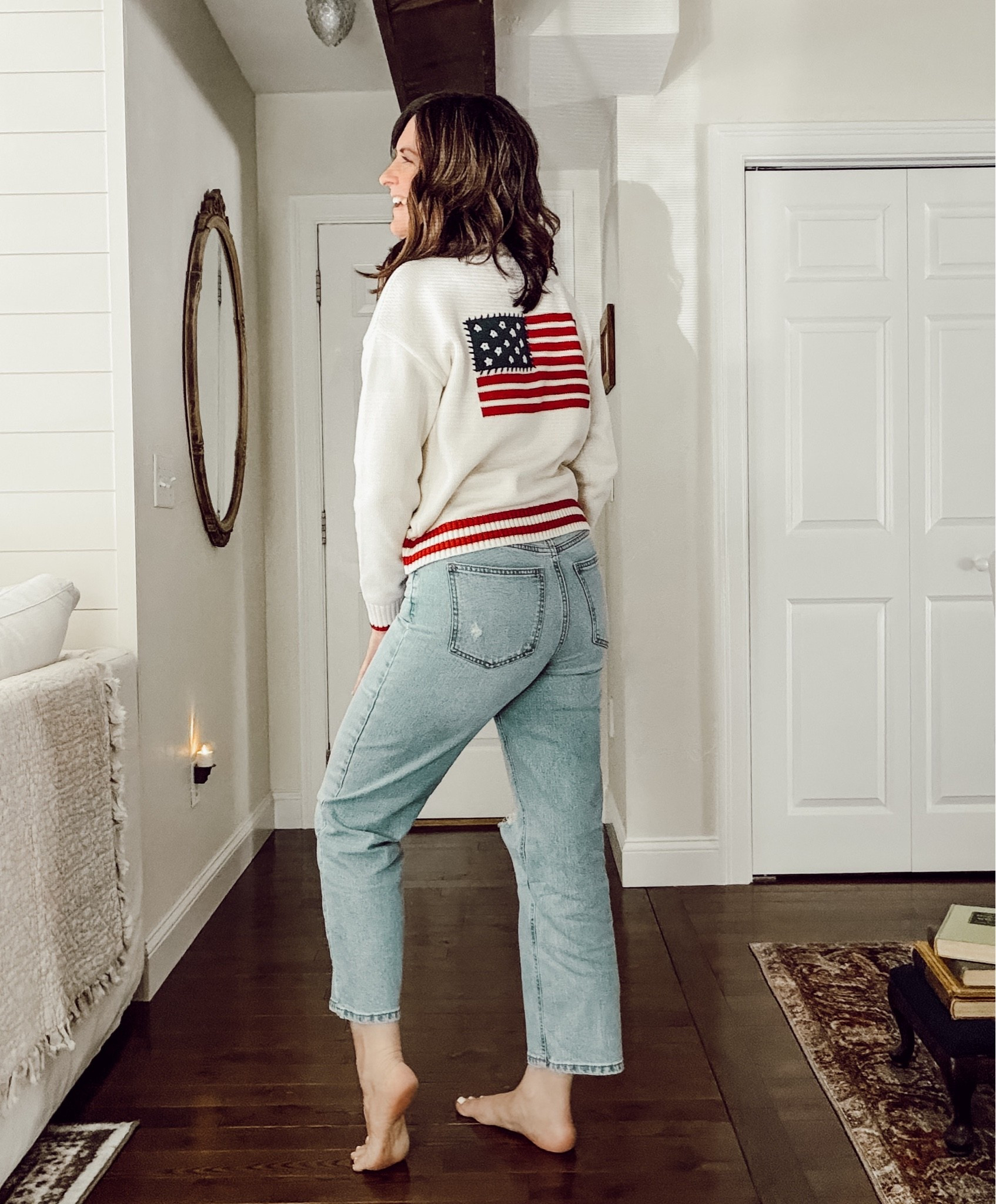 Cozy 4th of July outfit. Wearing a medium sweater and light wash jeans in a 6 full length.

#LTKootd #LTKdayinmylife