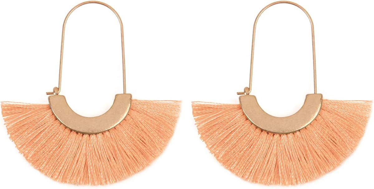 Bohemian Silky Thread Tassel Strand Fringe Statement Hoop Earrings - Lightweight Semi Circle Fan ... | Amazon (US)