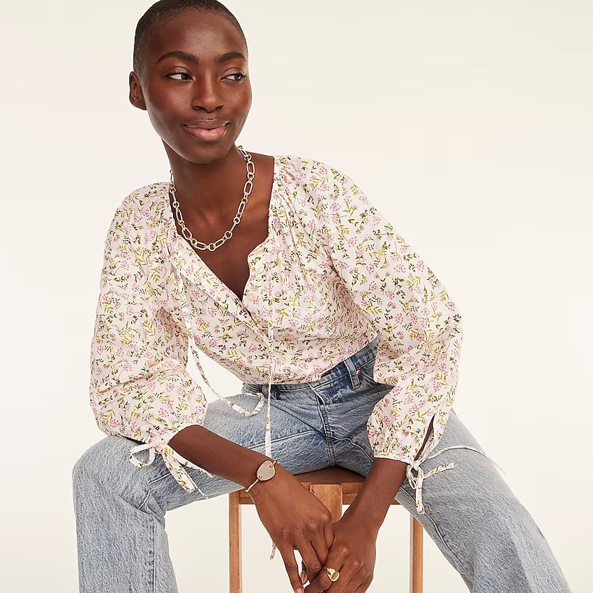 Tie-sleeve button-front cotton poplin top in meadow floral | J.Crew US