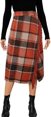 Women Plaid Fringed Midi Skirt Warm High Waist Flannel Tartan Bodycon Skirt for Fall Winter | Amazon (US)