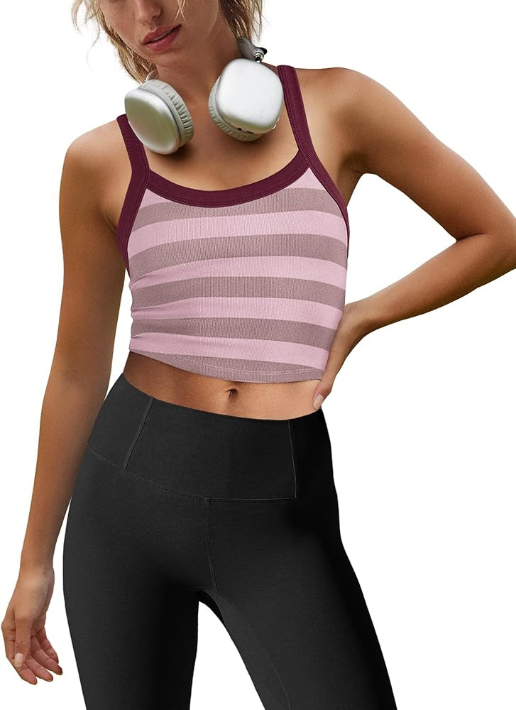 LAMISSCHE Womens Cropped Tank Tops Workout Sleeveless Striped Camisole Spaghetti Strap Athletic G... | Amazon (US)