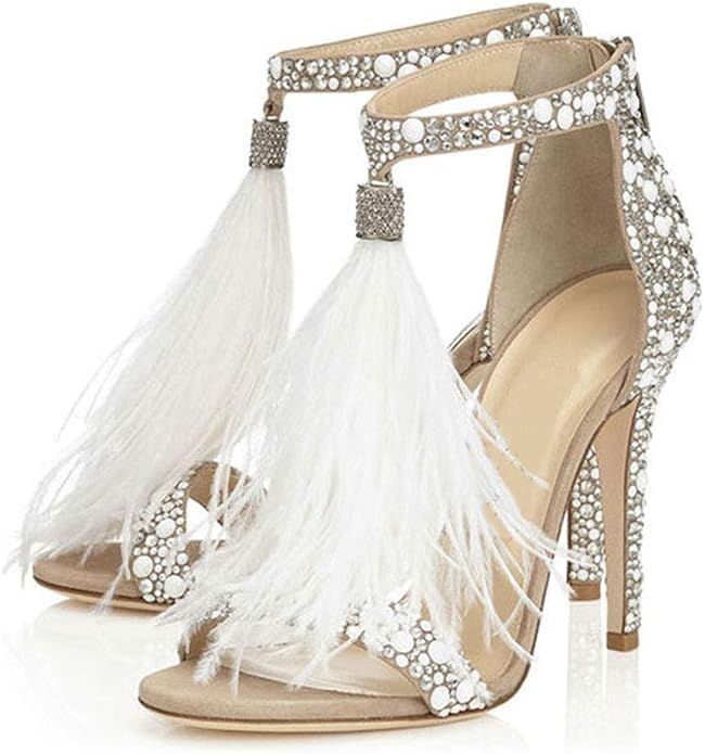 Hinyyrin Women's Tassels Rhinestone Heeled Sandals Wedding Dress White Sandals Stiletto Heel Pear... | Amazon (US)