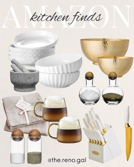 Beautiful white and gold kitchen finds from Amazon. Affordable kitchen gadgets. White and brass kitchen finds  

White and gold knife set under $60, gold hammered bowl set, white dishes, salt and pepper containers, gold mug, clear coffee mug, neutral dish towel, linen dish towel, mortar and pestle set

#founditonamazon 

#LTKFindsUnder50 #LTKFindsUnder100 #LTKHome