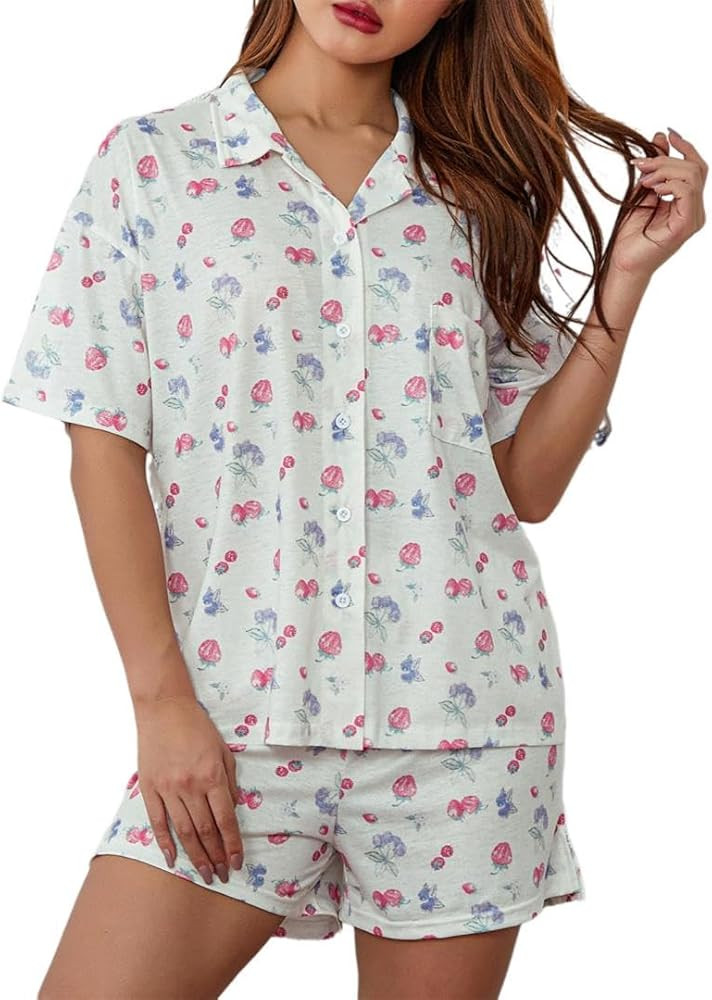 2 Piece Women Cute Cherry Pajamas Fruit Strawberry Pjs Set for Women Button up Pajama for Loungew... | Amazon (US)