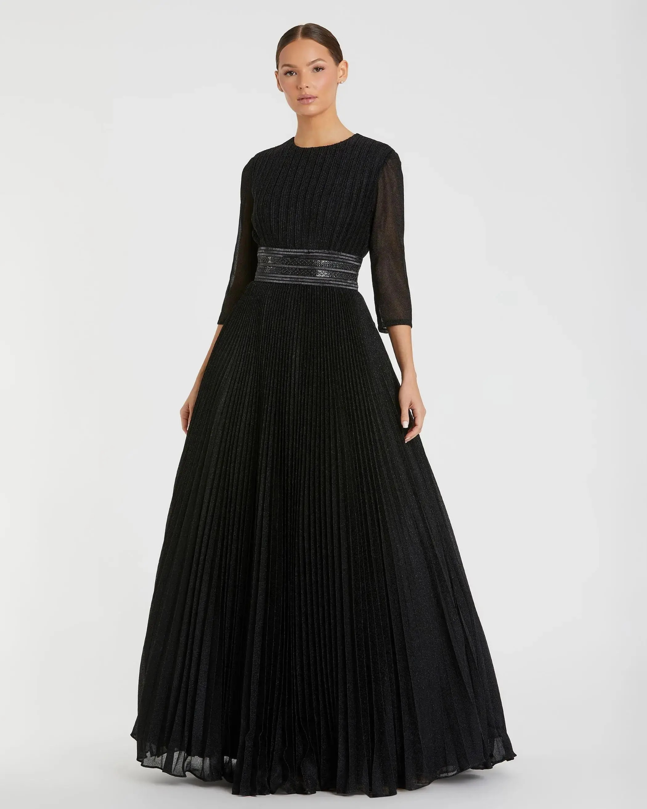 Black Shimmering Pleated 3/4 Sleeve Ball Gown | Mac Duggal | Mac Duggal