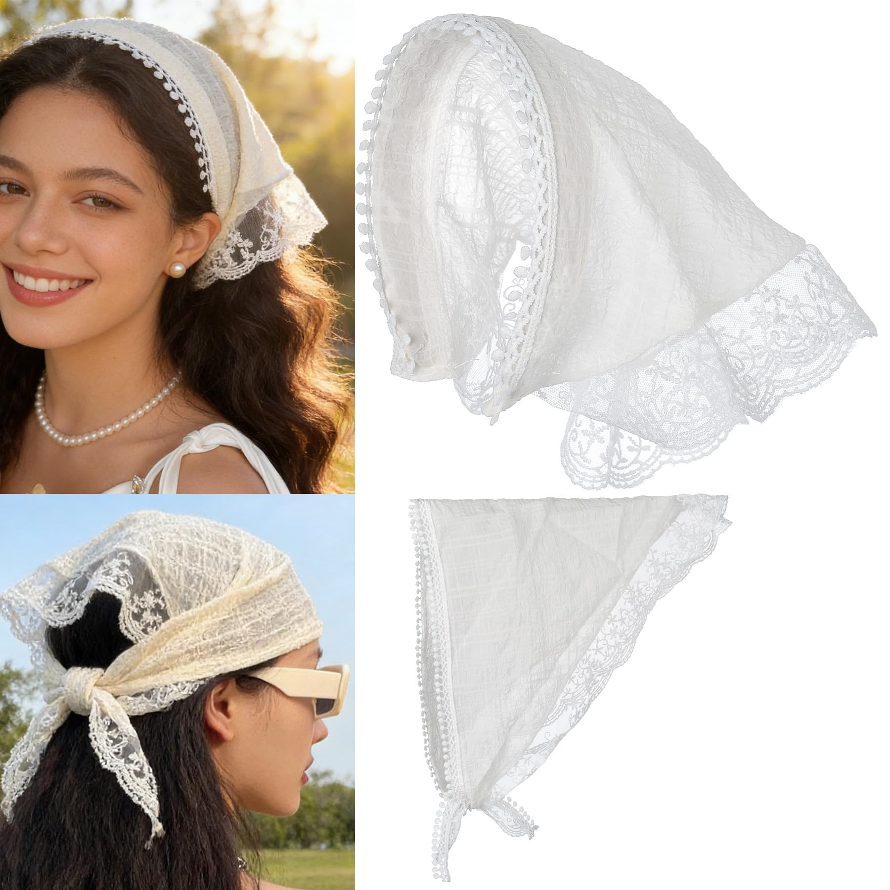 2 PCS Bandans Hair Scarf Headband for Women, White and Apricot Lace Bandana Scarf Headscarf, Cute... | Amazon (US)