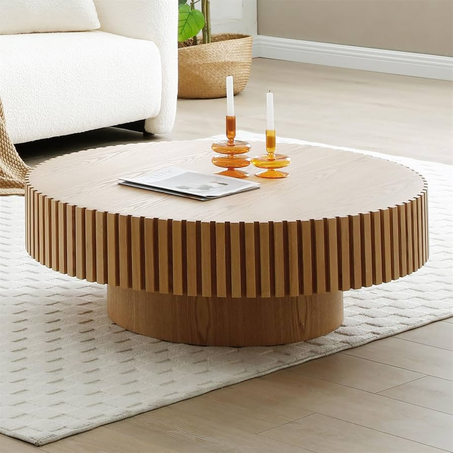 35.43'' Natural Ash Coffee Table Modern Handcraft Drum Round Circle Wooden Solid Wood Veneer Tea ... | Amazon (US)