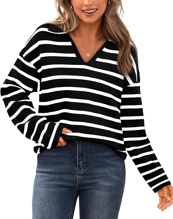 Zenlonr Women's Casual Striped Sweater 2024 Fall Winter Long Sleeve V Neck Knit Pullover Jumper T... | Amazon (US)