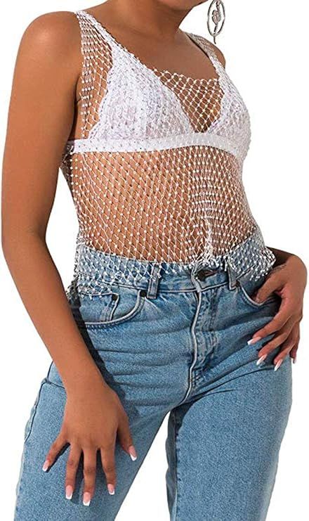 Women's Mesh See Through Scoop Neck Rhinestone Fishnet Hollow Out Beach Bikni Swimsuit Cover up S... | Amazon (US)