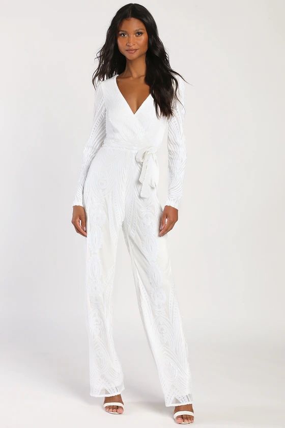 Magical Muse White Sequin Long Sleeve Wide-Leg Jumpsuit | Lulus
