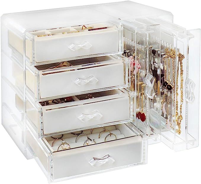 Acrylic Jewelry Organizer Box, Clear Earring Holder Jewelry Hanging Boxes with 4 Velvet Drawers f... | Amazon (US)