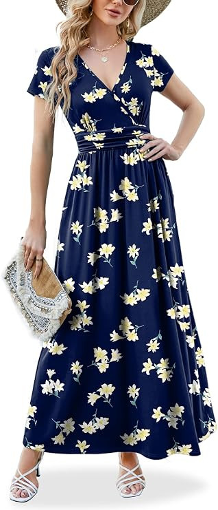 Women's 2026 Wrap V Neck Maxi Dress Short Sleeve Empire Waist Flowy Summer Long Dresses with Pock... | Amazon (US)