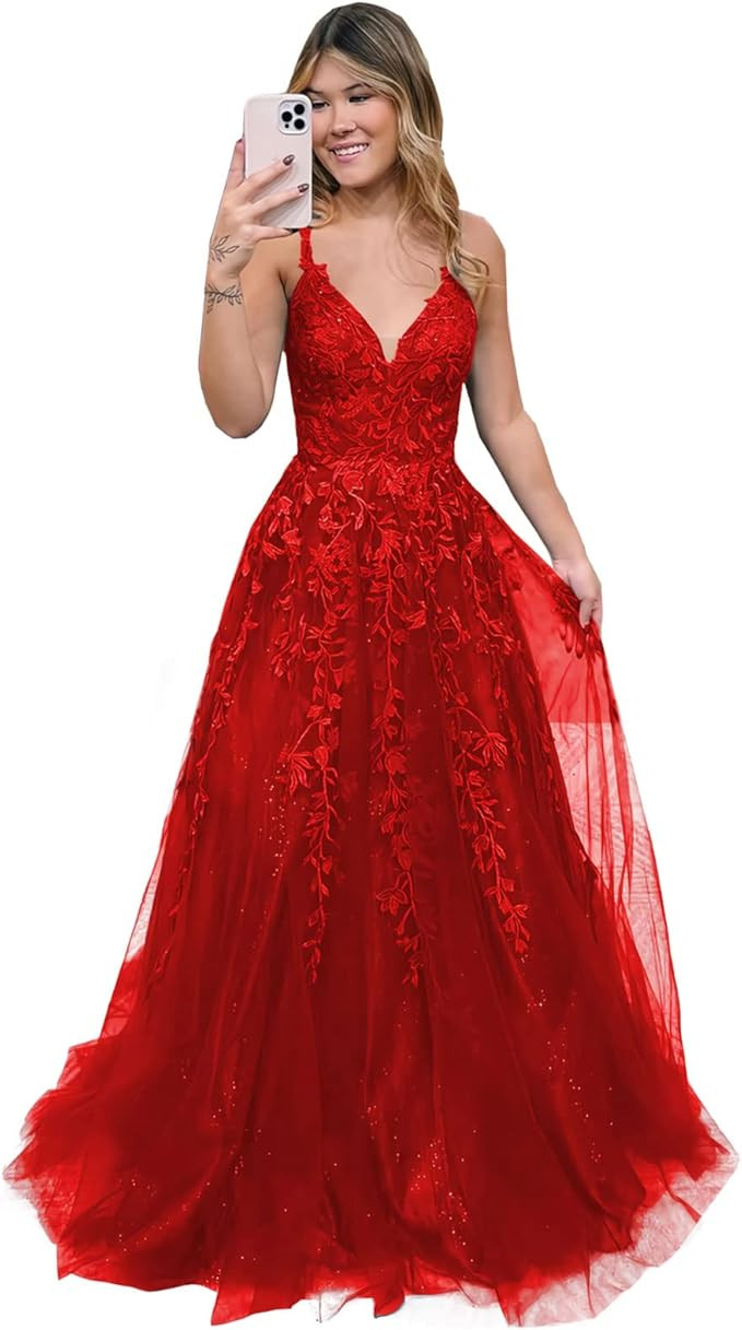 ManDu Lace Appliques Tulle Prom Dresses for Teens Long Spaghetti Straps Ball Gown V Neck Formal E... | Amazon (US)