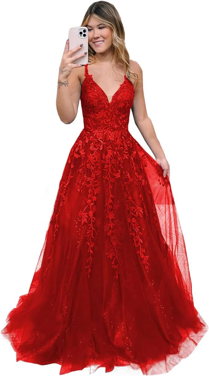ManDu Lace Appliques Tulle Prom Dresses for Teens Long Spaghetti Straps Ball Gown V Neck Formal E... | Amazon (US)