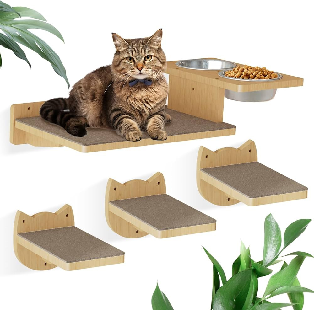 MeowHomm Cat Wall Shelves, Wood Wall Furniture with 3 Steps, Cat Feeding Shelf with 2 Food Bowls,... | Amazon (US)