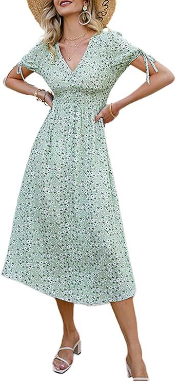 Amegoya Women's Summer Button Short Sleeve V Neck Floral Print Casual Bohemian Midi Dresses | Amazon (US)