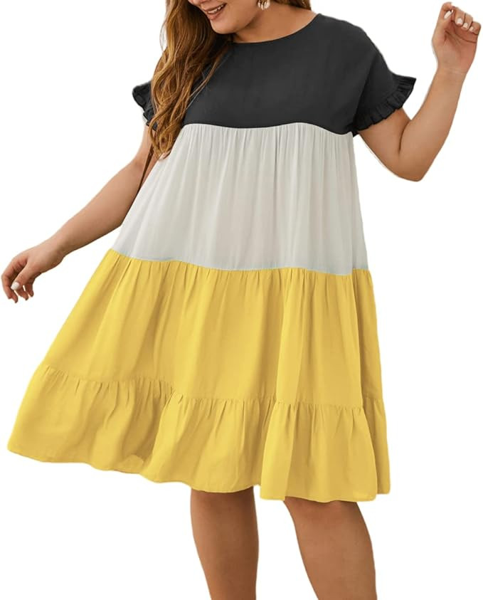 YOXUA Womens Plus Size Dress - Ruffle Short Sleeve Crewneck Color Block Loose Summer Beach Swing ... | Amazon (US)